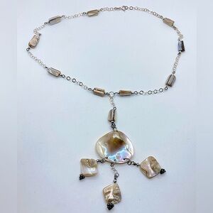 Vtg Sterling MOP Mother of Pearl Abalone Shell Chain Necklace 19” + 4.8” Drop